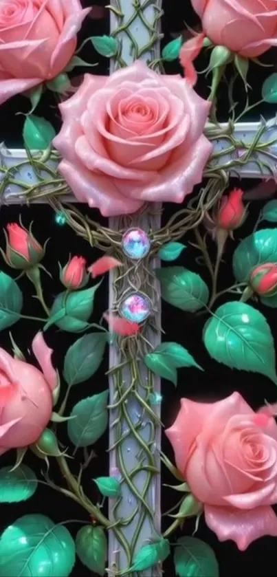 Pink roses and cross with green leaves on black background.