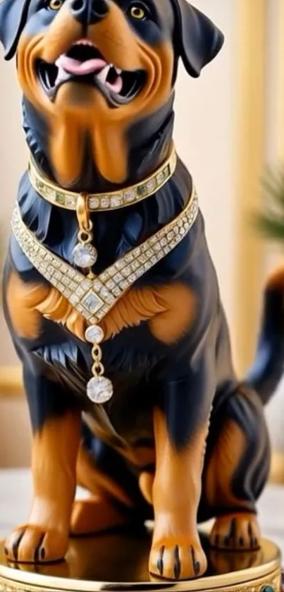 Rottweiler figurine adorned with elegant jewelry on display.