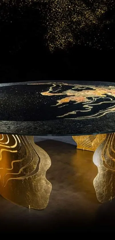 Artistic round table with golden accents on a black background.