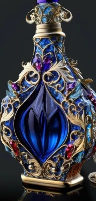 Intricate royal blue perfume bottle with golden details on a dark background.