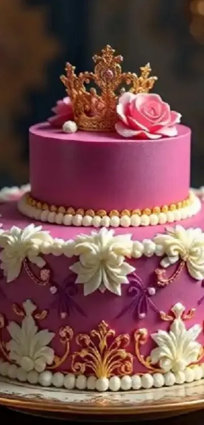 Elegant pink cake with floral decorations and a royal crown topper.