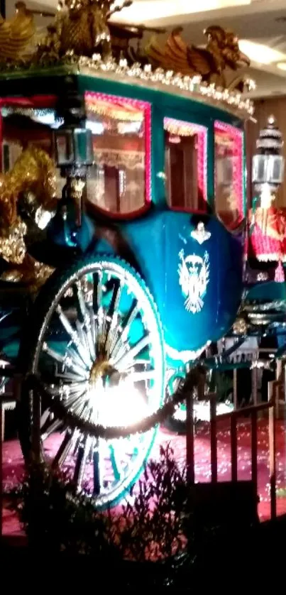 Vibrant blue royal carriage with golden details, perfect for mobile wallpaper.