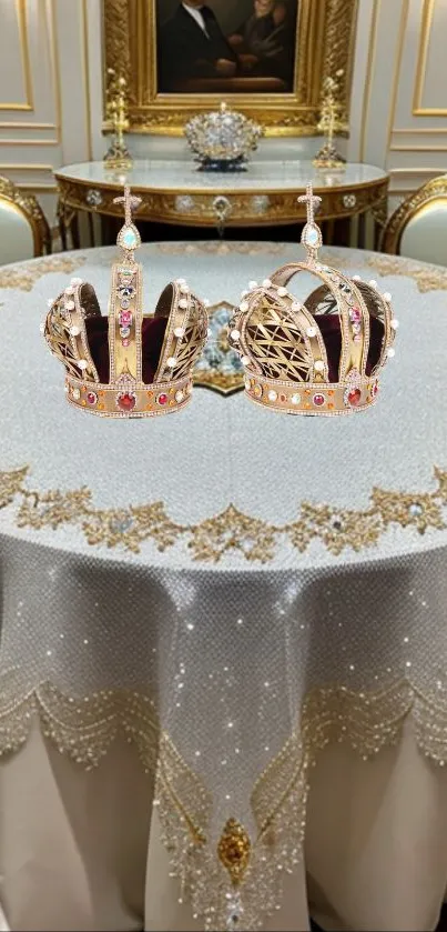 Luxurious wallpaper with two royal crowns on a beautifully decorated table.