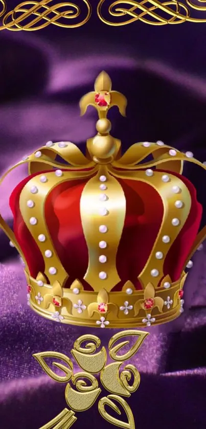 Luxurious gold crown on purple silk background.