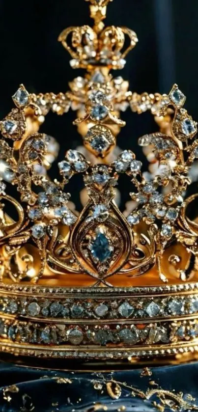 Ornate golden crown with jewels on display.