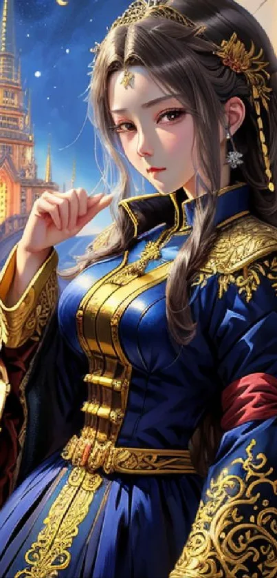 Fantasy art of a woman in blue and gold attire against a starry medieval backdrop.