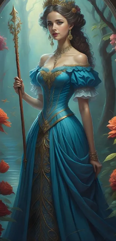 A royal woman in a blue gown stands in a mystical garden.