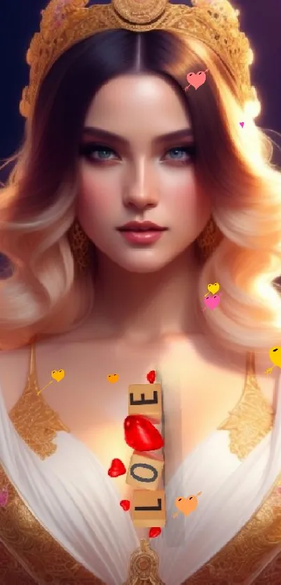 Elegant woman with golden crown and flowing hair, vibrant digital art.