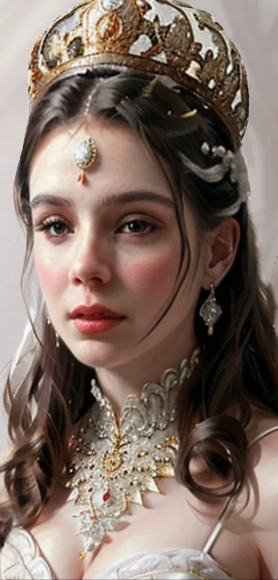 Portrait of a royal lady in a crown and jewelry for phone wallpaper.