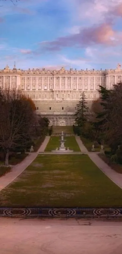 Royal Palace under a pink sky with green gardens.