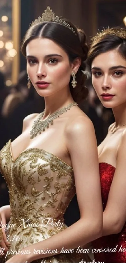 Mobile wallpaper with two women in elegant, gold and red gowns at a glamorous event.