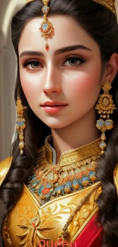 Mobile wallpaper with elegant royal portrait and intricate golden details.