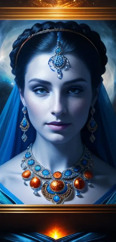 Elegant royal woman with intricate jewelry in a blue-themed portrait.