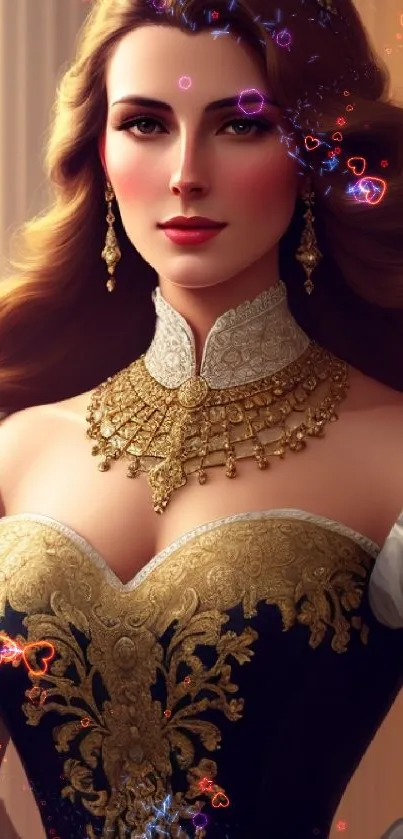 Elegant royal woman portrait with luxurious gold details.