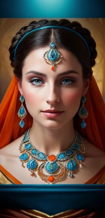 Elegant portrait wallpaper with blue and orange hues, featuring intricate jewelry.