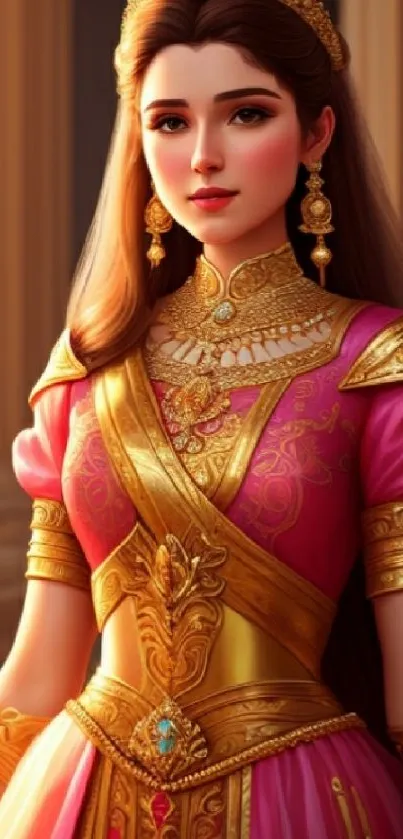 Royal woman in golden attire with pink dress.