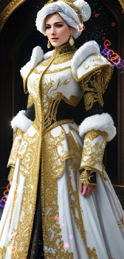 Royal figure in white and gold detailed attire against elegant background.