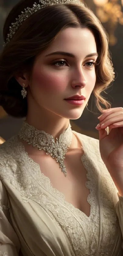 Elegant woman in regal attire with lace choker and tiara.