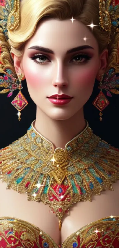 Elegant royal portrait with golden jewelry and colorful attire.