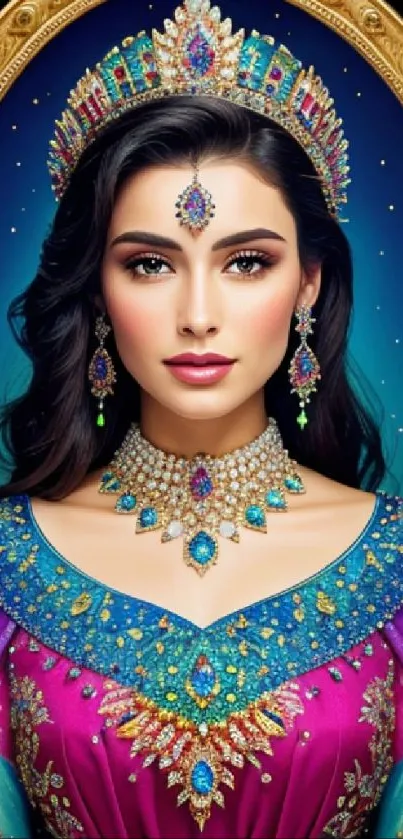Royal woman in vibrant, jeweled attire on a regal wallpaper.