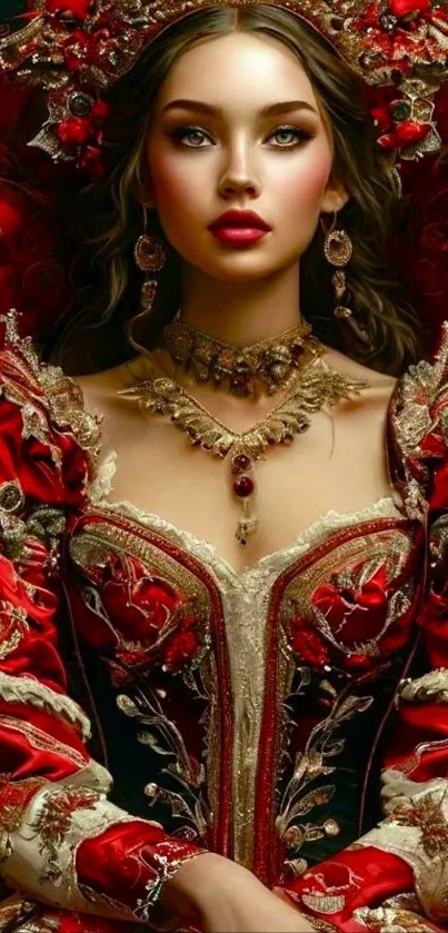 A stunning royal portrait in a luxurious red gown with intricate detailing.