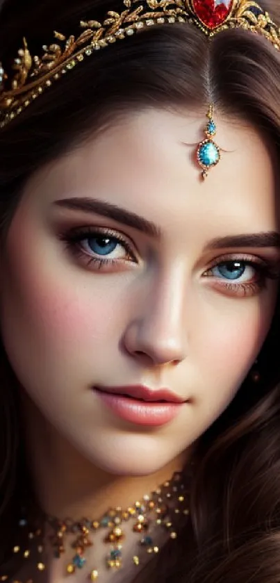 Elegant portrait of a woman with gold jewelry and captivating blue eyes.