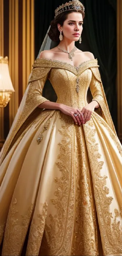 Elegant royal princess in a golden gown with a luxurious background.