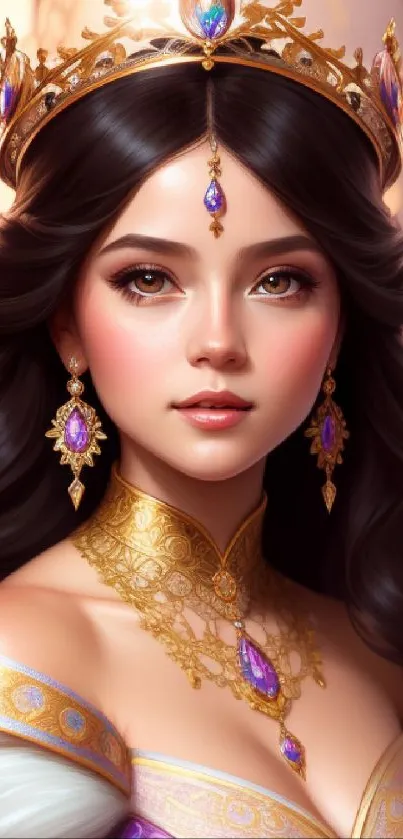 Elegant princess with golden tiara and jewelry in a richly detailed portrait.