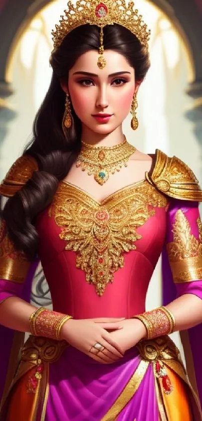 Royal princess with golden details in a purple and red elegant gown.