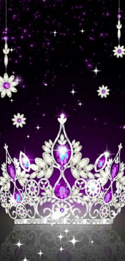 Elegant silver crown with purple gems on a starry background.