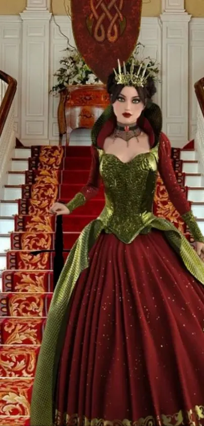 Regal woman on elegant staircase wallpaper.