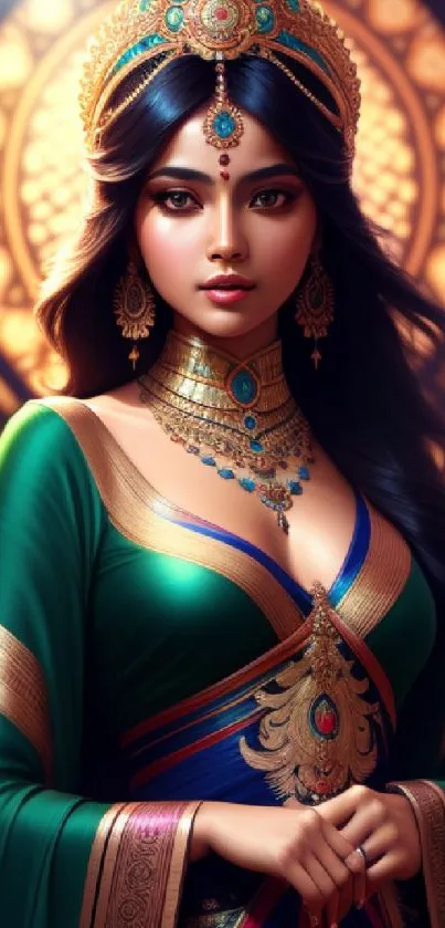 Regal woman in traditional attire with jewelry on warm decorative background.