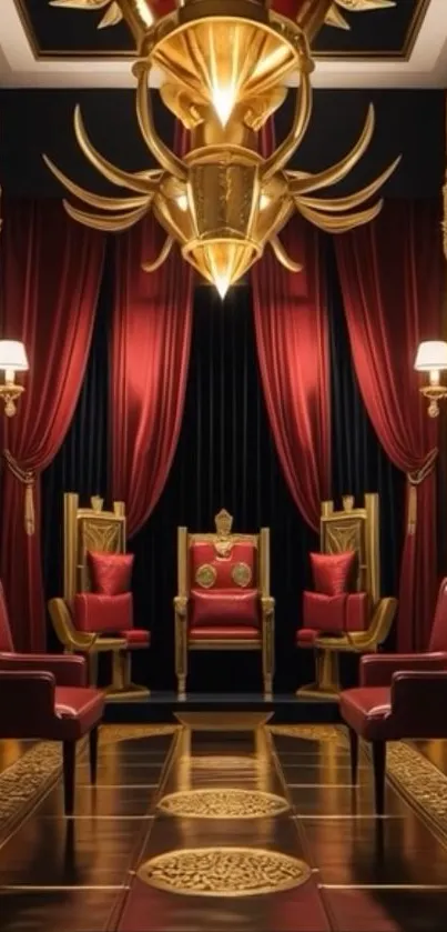 Luxurious throne room with rich red accents and gold detailing.