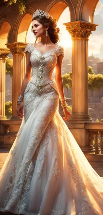 Elegant princess in a beautiful gown at sunrise with castle backdrop.