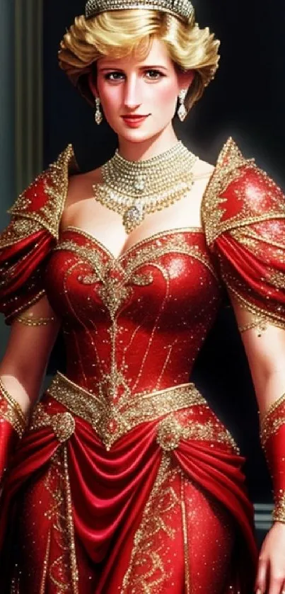 Elegant regal figure in red dress with gold accents, exuding sophisticated style.