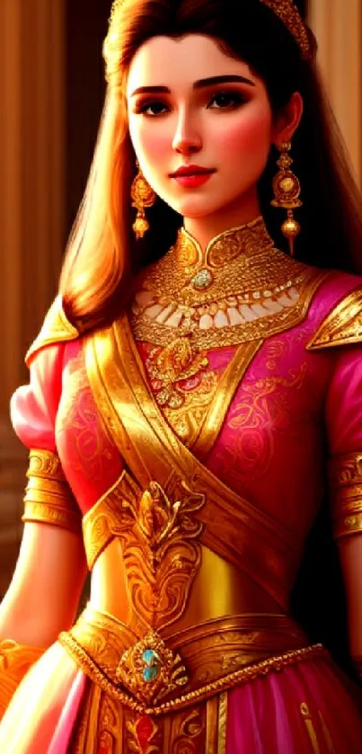 Elegant princess in pink and gold attire, exuding royal grace.