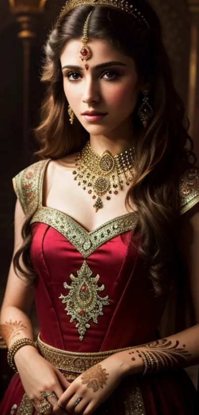 Elegant woman in rich red and gold attire, exuding regal charm.