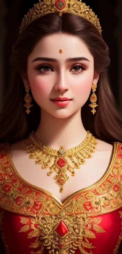 Elegant royal woman in red and gold attire, perfect for mobile wallpaper.