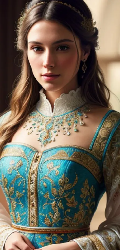 Portrait of woman in turquoise and gold dress with elegant royal theme.