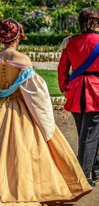 A couple in royal costumes walking in a garden.