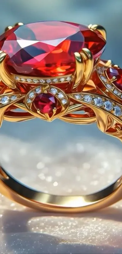Golden ring with large red ruby gemstone