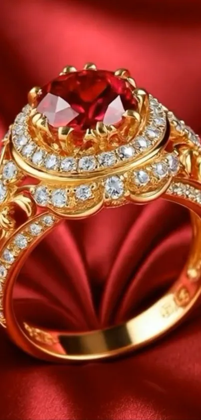 Golden ring with ruby on red fabric background.