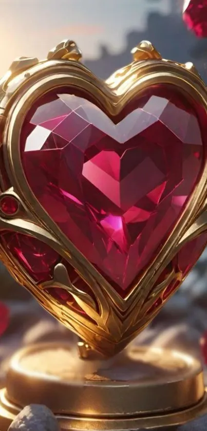 Elegant ruby heart with gold accents on mobile wallpaper.