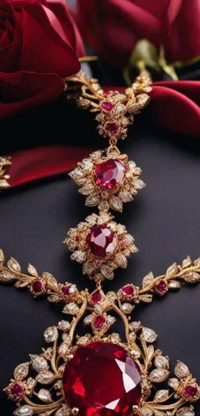 Luxurious ruby necklace and red roses against a dark background.