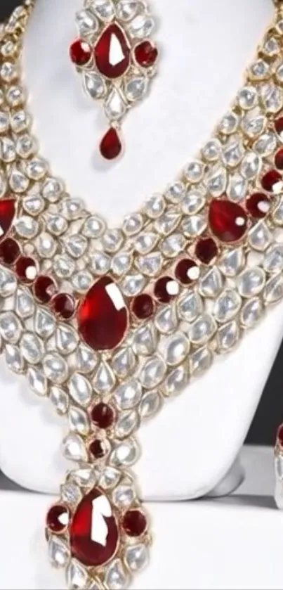 Luxurious ruby and pearl jewelry set on display.