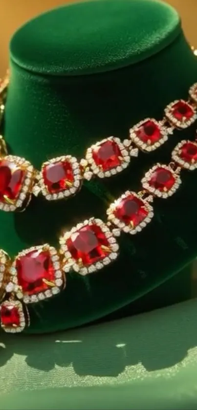 Elegant ruby necklace on green velvet backdrop.