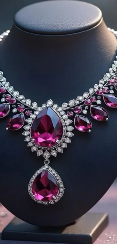 Elegant ruby and diamond necklace on display stand.