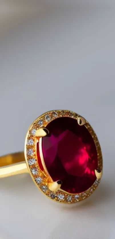 Elegant gold ring with ruby and diamonds.