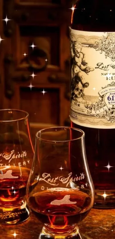 Rich rum and whiskey display on rustic table.