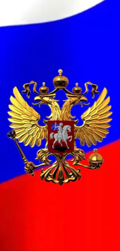 Russian emblem on vibrant blue, red, and white background.